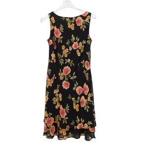 VTG Evan-Picone Petite Black Floral Cowl Neck Tiered Sheath Dress 10P Whimsigoth